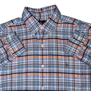 Ralph Lauren Oxford Pony Plaid Button Down Shirt Mens M Orange Blue Classic Fit